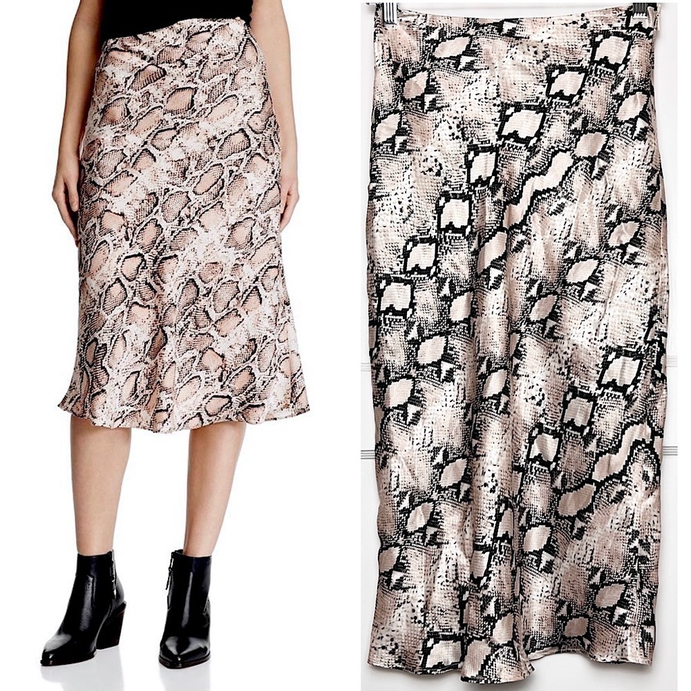 NWT L’AGENCE 90s Silk Satin Blush Snake Print‎ High Waist Bias Cut Midi Skirt S